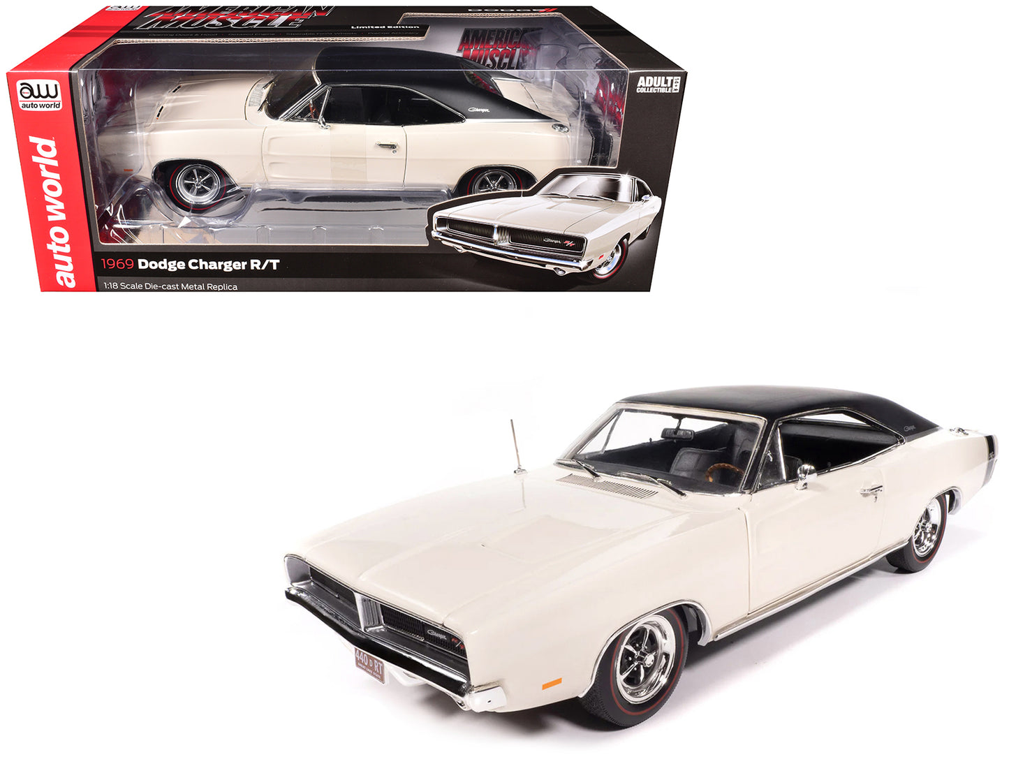 1969 Dodge Charger R/T W1 White with Black Vinyl Top and Black Tail Stripe "American Muscle" Series 1/18 Diecast Model Car by Auto World