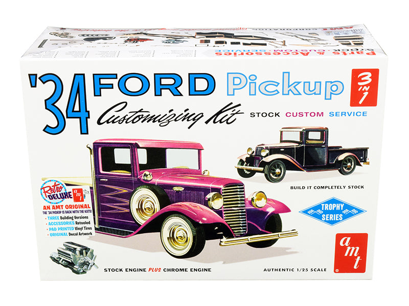 Skill 2 Model Kit 1934 Ford Pickup Truck 3 in 1 Kit "Trophy Series" 1/25 Scale Model by AMT-DiecastModeler.com