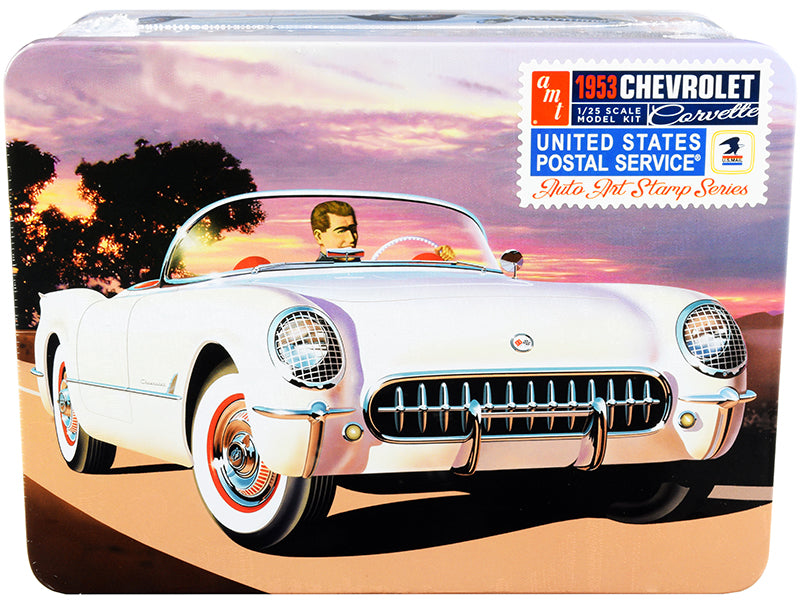 Skill 2 Model Kit 1953 Chevrolet Corvette "USPS" (United States Postal Service) Themed Collectible Tin 1/25 Scale Model by AMT-DiecastModeler.com