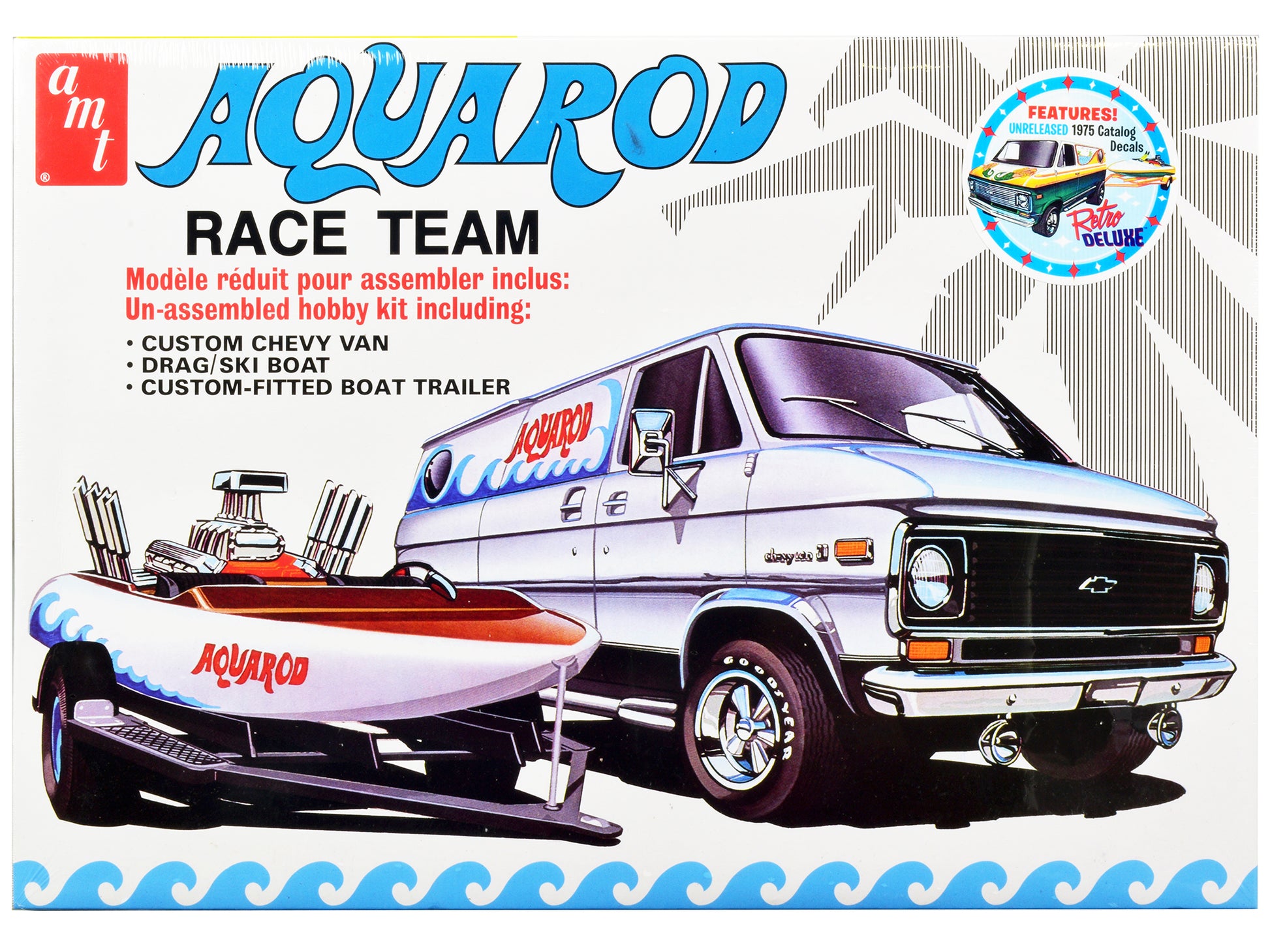 Skill 2 Model Kit Chevrolet Custom Van with Drag/Ski Boat and Trailer "Aqua Rod Race Team" 1/25 Scale Model by AMT-DiecastModeler.com