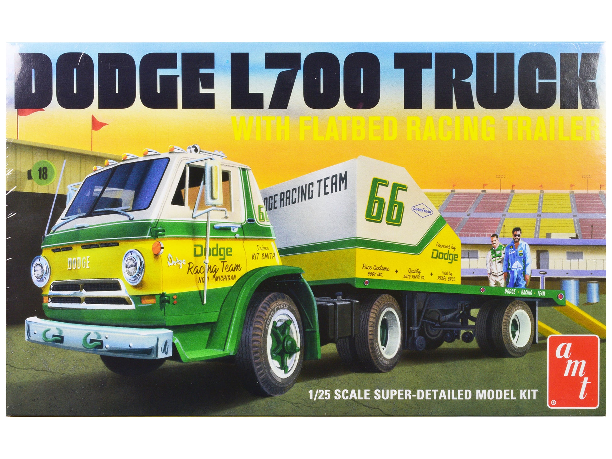 Skill 3 Model Kit 1966 Dodge L700 Truck with Flatbed Racing Trailer 1/25 Scale Model by AMT-DiecastModeler.com