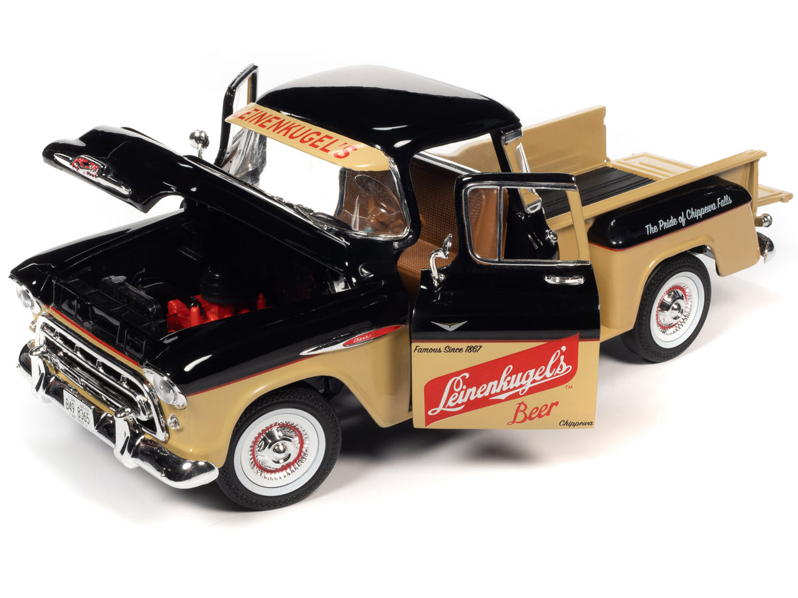 1957 Chevrolet 3100 Stepside Pickup Truck Black and Tan with Graphics "Leinenkugle's Beer The Pride of Chippewa Falls" 1/18 Diecast Model by Auto World-DiecastModeler.com