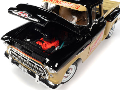 1957 Chevrolet 3100 Stepside Pickup Truck Black and Tan with Graphics "Leinenkugle's Beer The Pride of Chippewa Falls" 1/18 Diecast Model by Auto World-DiecastModeler.com