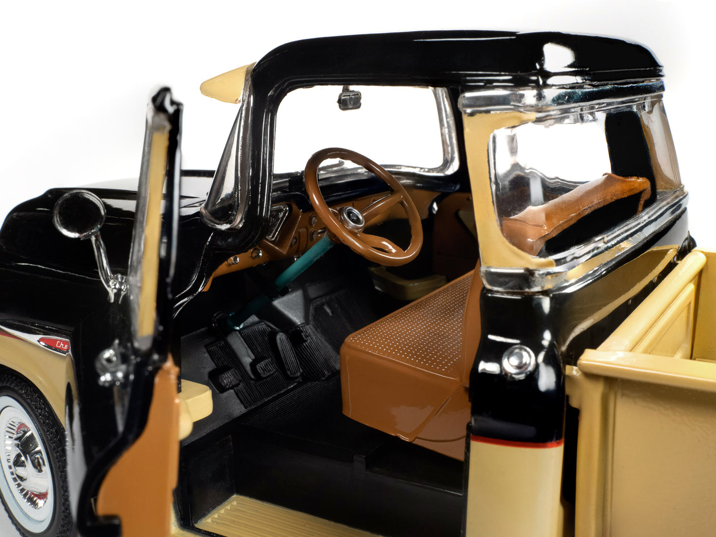 1957 Chevrolet 3100 Stepside Pickup Truck Black and Tan with Graphics "Leinenkugle's Beer The Pride of Chippewa Falls" 1/18 Diecast Model by Auto World-DiecastModeler.com