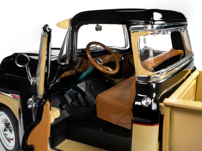 1957 Chevrolet 3100 Stepside Pickup Truck Black and Tan with Graphics "Leinenkugle's Beer The Pride of Chippewa Falls" 1/18 Diecast Model by Auto World-DiecastModeler.com