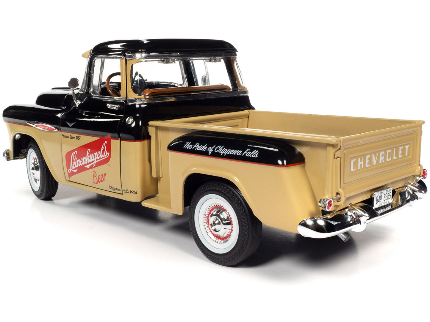 1957 Chevrolet 3100 Stepside Pickup Truck Black and Tan with Graphics "Leinenkugle's Beer The Pride of Chippewa Falls" 1/18 Diecast Model by Auto World-DiecastModeler.com