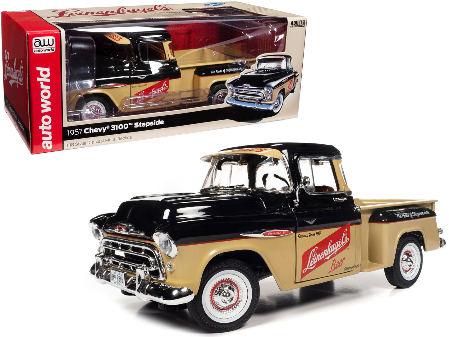 1957 Chevrolet 3100 Stepside Pickup Truck Black and Tan with Graphics "Leinenkugle's Beer The Pride of Chippewa Falls" 1/18 Diecast Model by Auto World-DiecastModeler.com