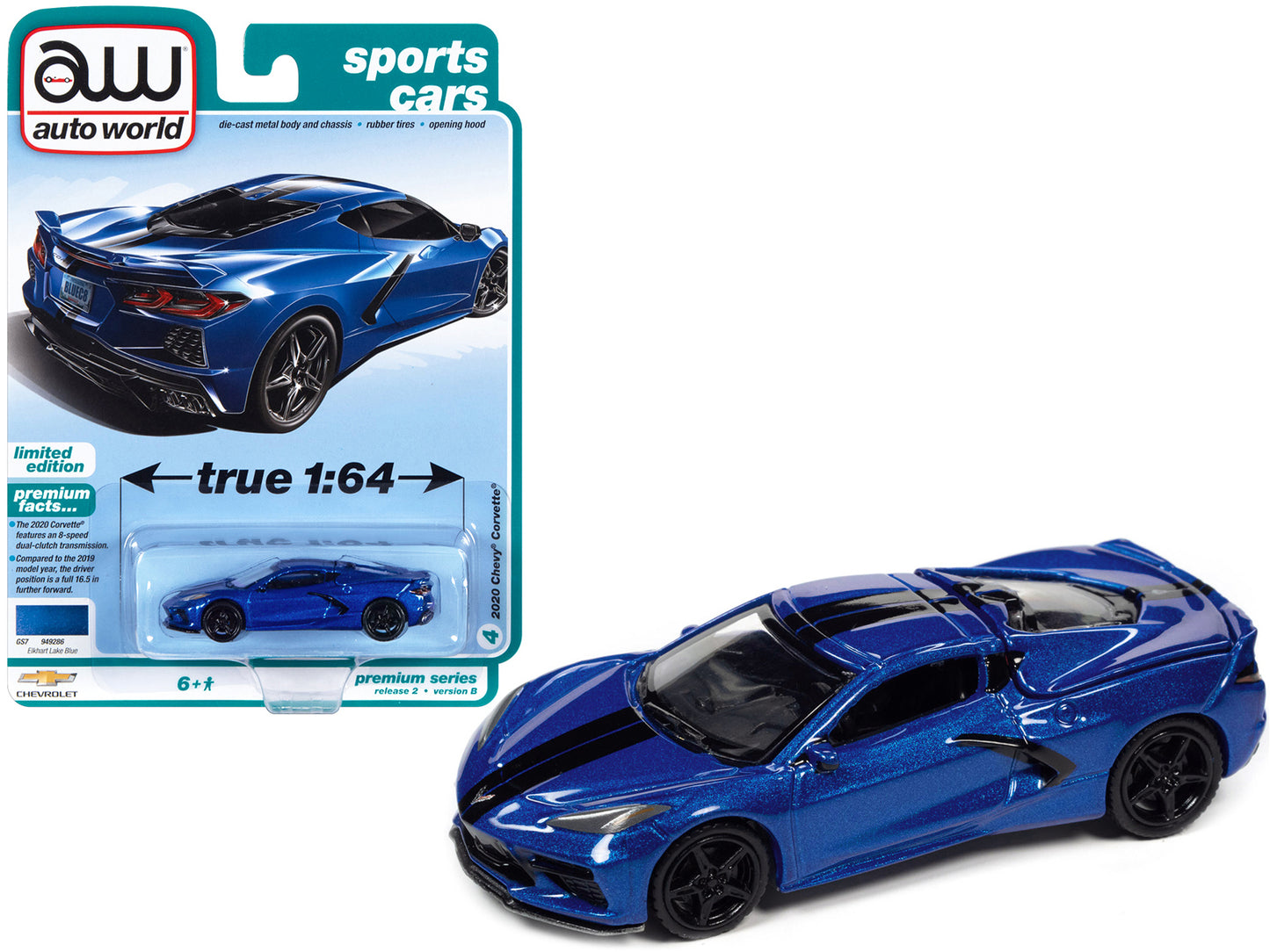 2020 Chevrolet Corvette Elkhart Lake Blue Metallic "Sports Cars" Limited Edition 1/64 Diecast Model Car by Auto World-DiecastModeler.com