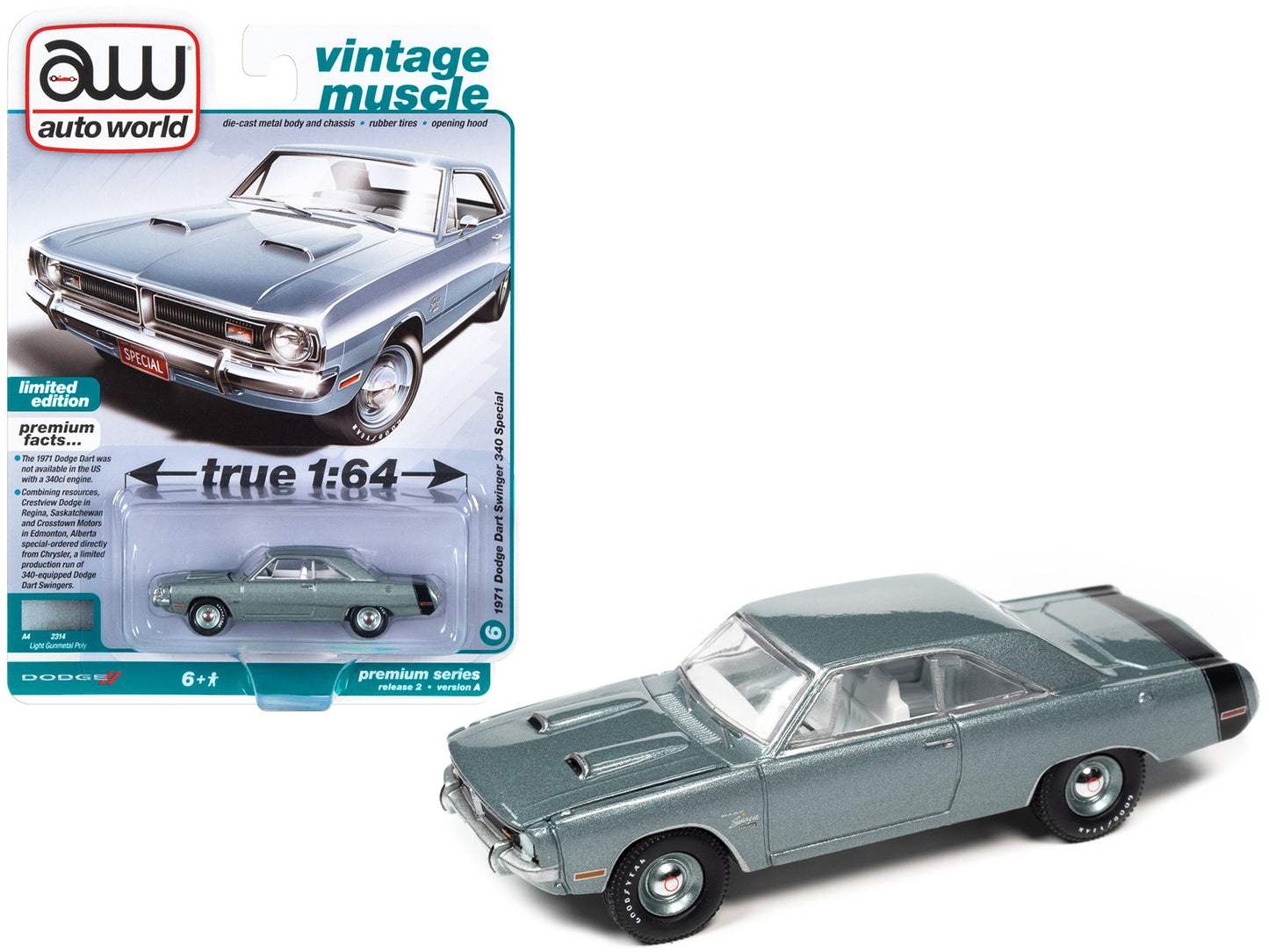 1971 Dodge Dart Swinger 340 Special Light Gunmetal Gray Metallic with Black Tail Stripe "Vintage Muscle" Limited Edition 1/64 Diecast Model Car by Auto World-DiecastModeler.com