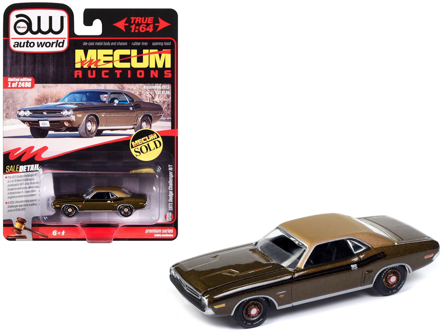 1971 Dodge Challenger R/T Dark Gold Metallic with Gold Vinyl Roof "Mecum Auctions" Limited Edition to 2496 pieces Worldwide "Premium" Series 1/64 Diecast Model Car by Auto World-DiecastModeler.com