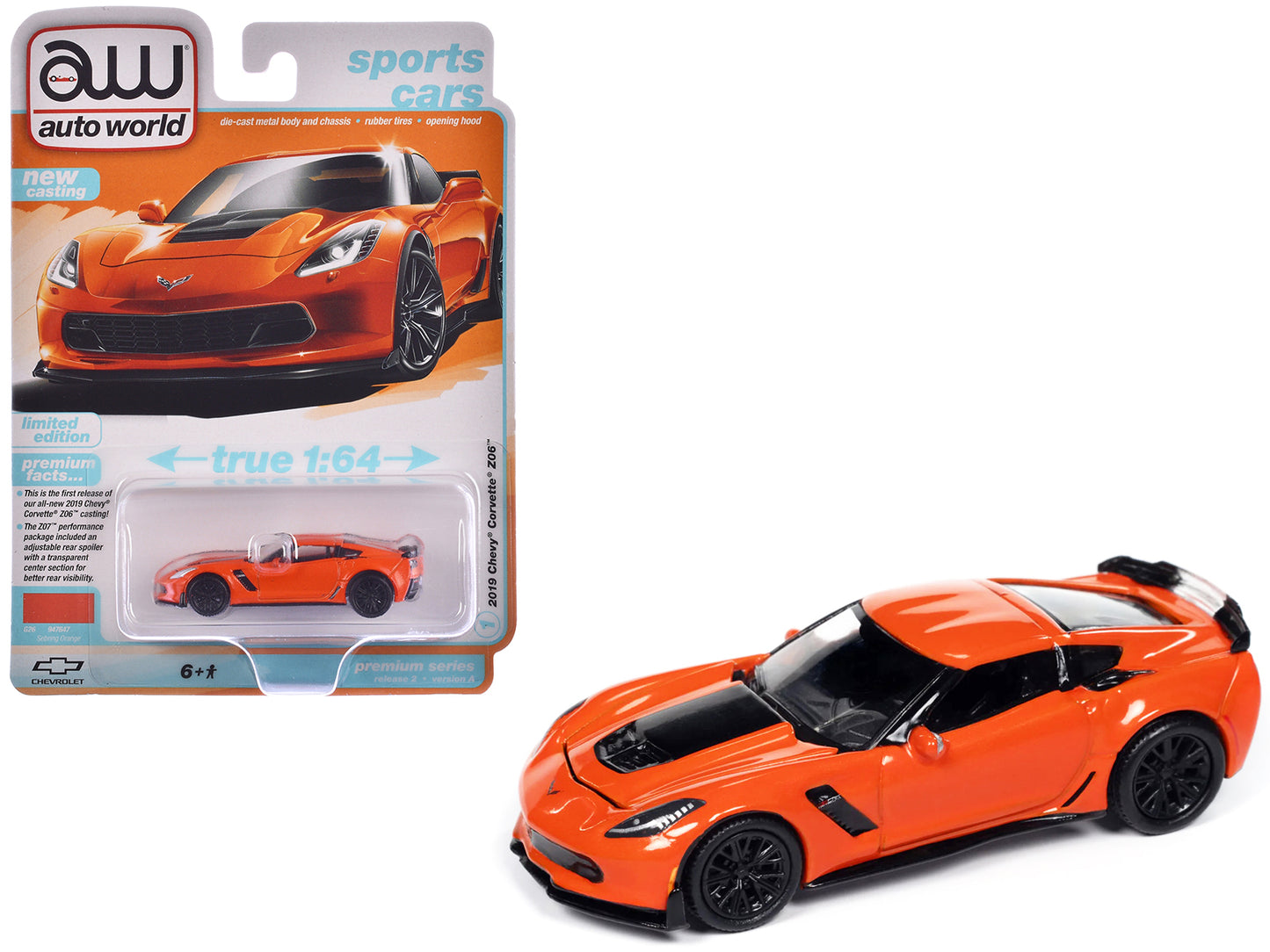 2019 Chevrolet Corvette Z06 Sebring Orange with Black Hood "Sports Cars" Series 1/64 Diecast Model Car by Auto World-DiecastModeler.com