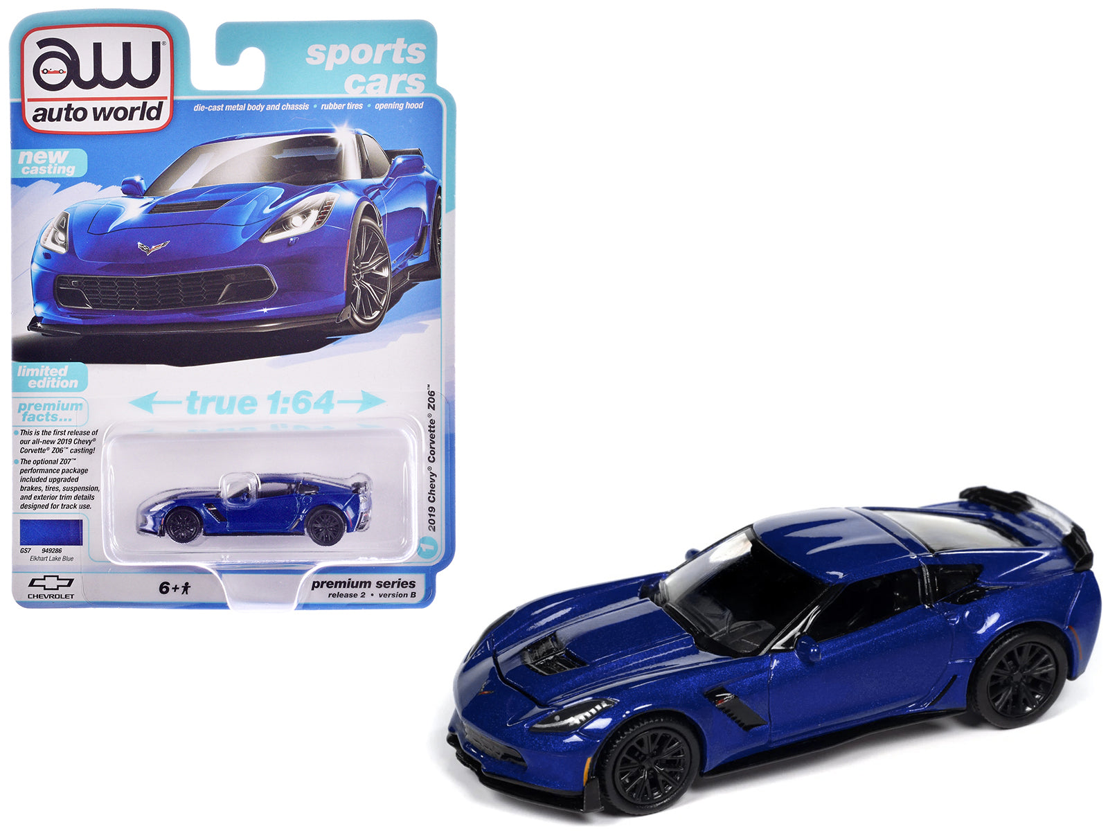 2019 Chevrolet Corvette Z06 Elkhart Lake Blue Metallic "Sports Cars" Series 1/64 Diecast Model Car by Auto World-DiecastModeler.com