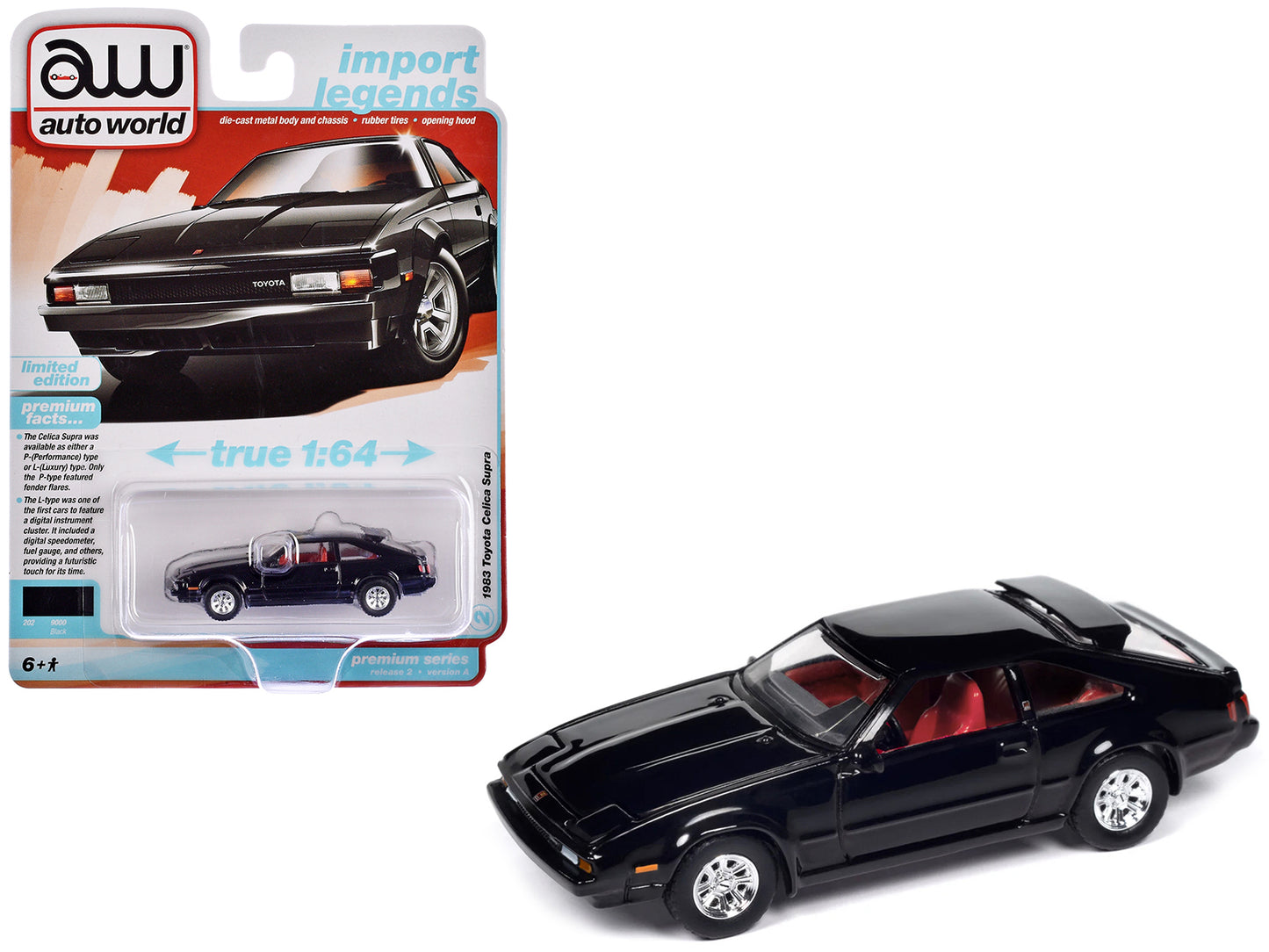 1983 Toyota Celica Supra Black with Red Interior "Import Legends" Series 1/64 Diecast Model Car by Auto World-DiecastModeler.com