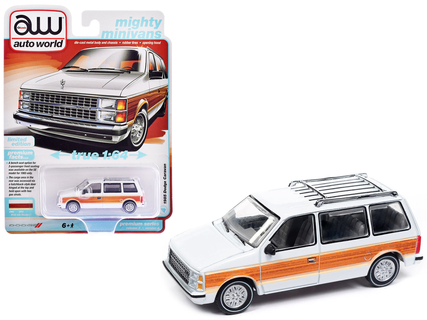 1985 Dodge Caravan Van White with Woodgrain Side Panels "Mighty Minivans" Series 1/64 Diecast Model Car by Auto World-DiecastModeler.com