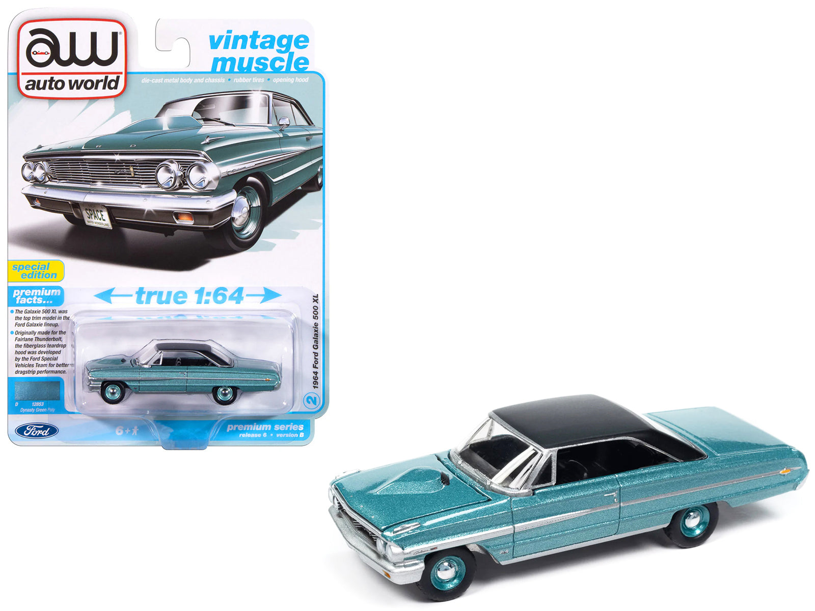 1964 Ford Galaxie 500 XL Dynasty Green Metallic with Black Top "Vintage Muscle" Series 1/64 Diecast Model Car by Auto World-DiecastModeler.com