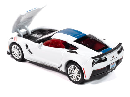 2018 Chevrolet Corvette Grand Sport Arctic White with Blue Stripe and Red Interior "Sports Cars" Series 1/64 Diecast Model Car by Auto World-DiecastModeler.com