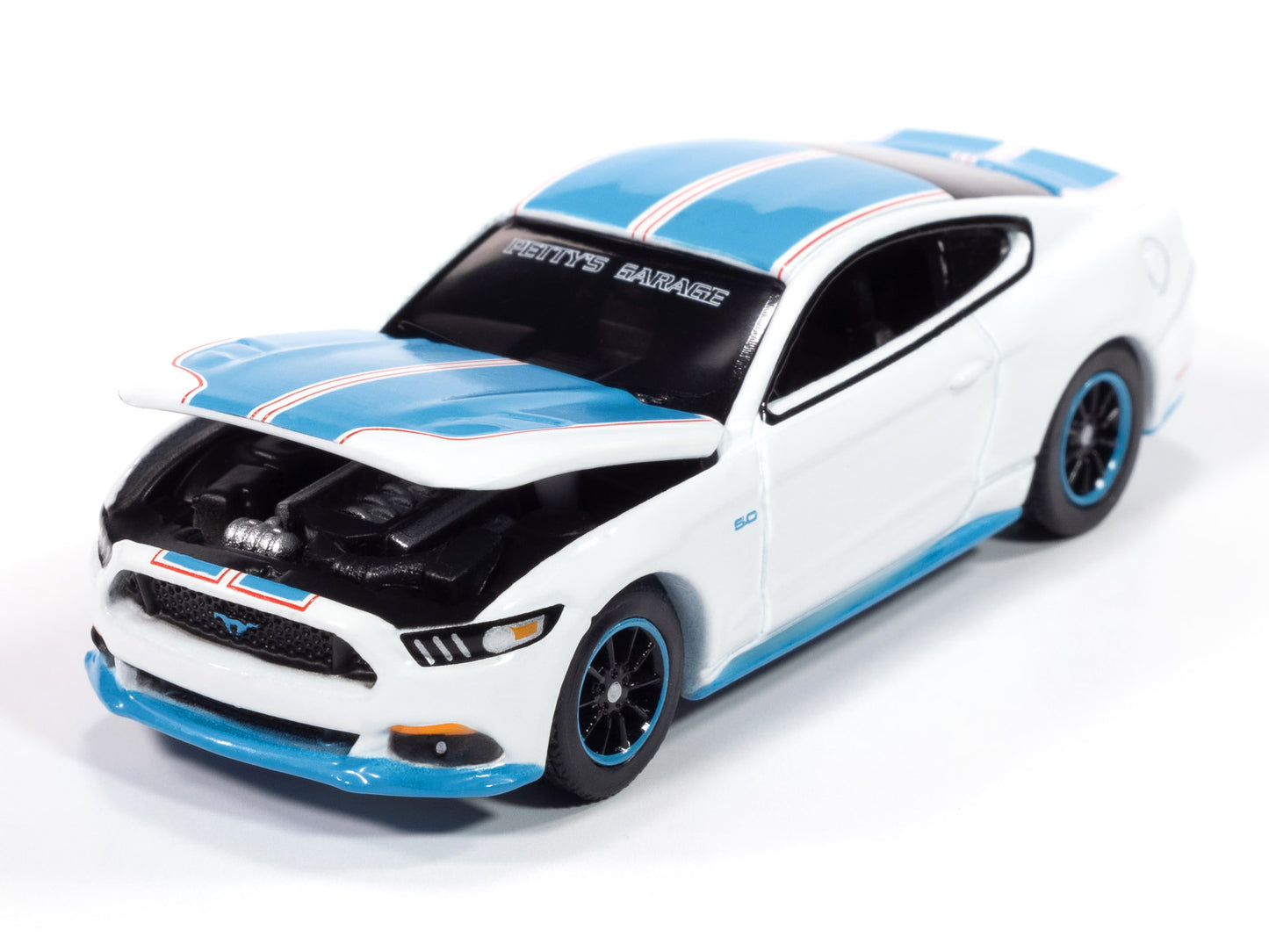 2016 Ford Mustang GT King Premier Edition "Petty's Garage" Oxford White with Petty Blue Stripes "Modern Muscle" Series 1/64 Diecast Model Car by Auto World-DiecastModeler.com