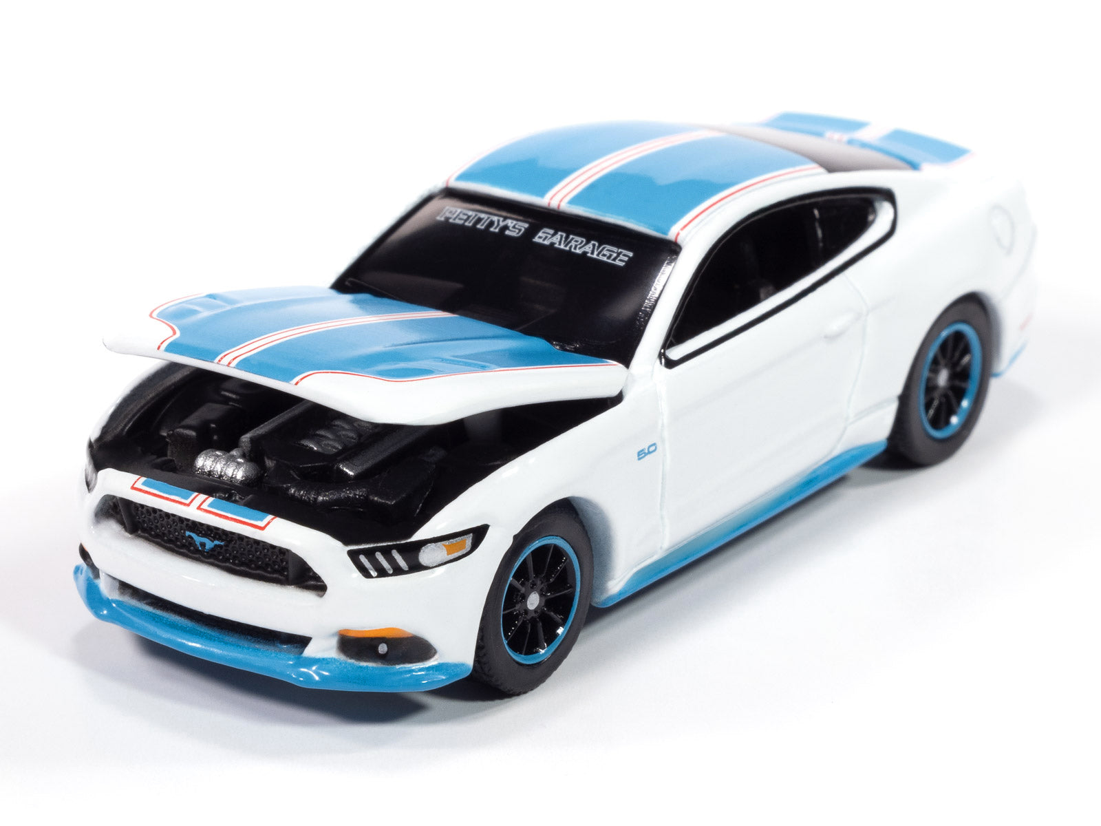 2016 Ford Mustang GT King Premier Edition "Petty's Garage" Oxford White with Petty Blue Stripes "Modern Muscle" Series 1/64 Diecast Model Car by Auto World-DiecastModeler.com