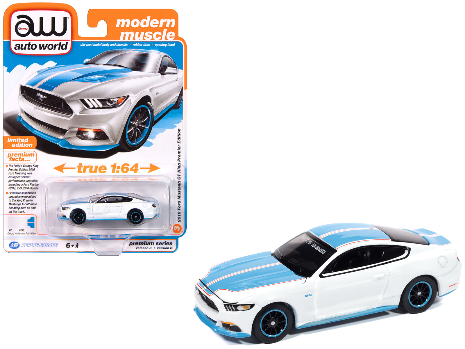 2016 Ford Mustang GT King Premier Edition "Petty's Garage" Oxford White with Petty Blue Stripes "Modern Muscle" Series 1/64 Diecast Model Car by Auto World-DiecastModeler.com