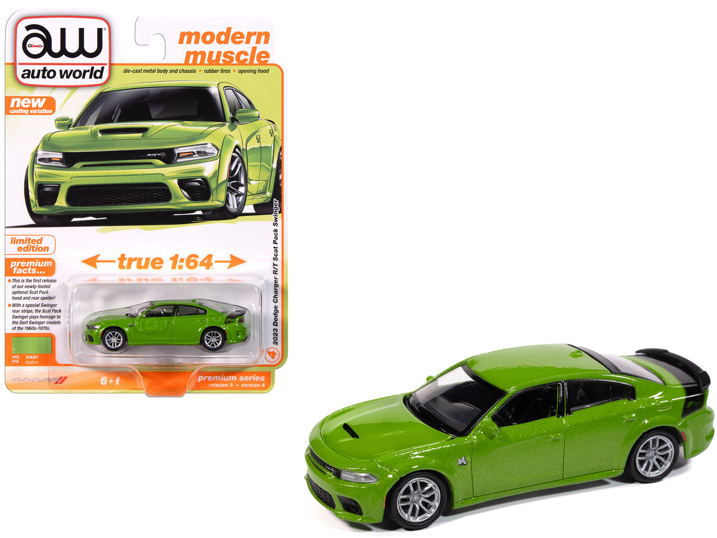 2023 Dodge Charger R/T Scat Pack Swinger Sublime Green Metallic "Modern Muscle" Series 1/64 Diecast Model Car by Auto World-DiecastModeler.com