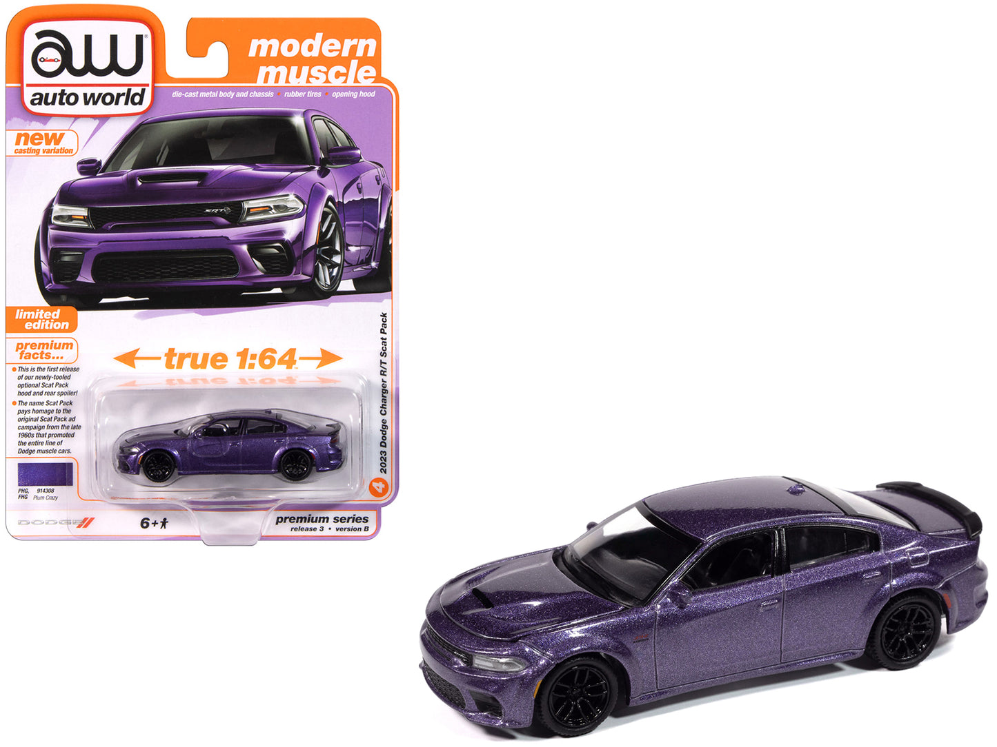 2023 Dodge Charger R/T Scat Pack Plum Crazy Metallic "Modern Muscle" Series 1/64 Diecast Model Car by Auto World-DiecastModeler.com