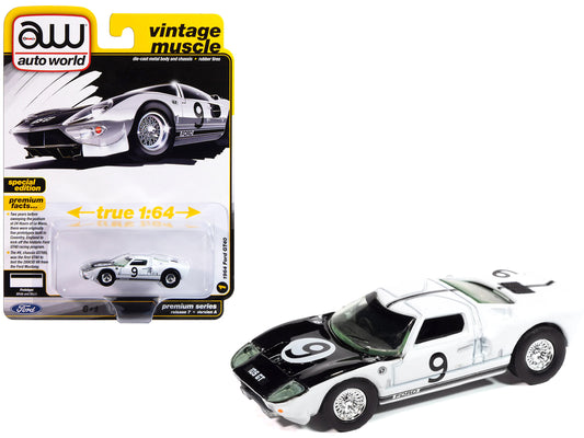 1964 Ford GT40 #9 White with Black Hood and Stripes "Vintage Muscle" Series 1/64 Diecast Model Car by Auto World-DiecastModeler.com