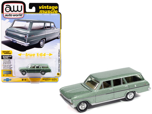 1963 Chevrolet II Nova 400 Wagon Laurel Green Metallic "Vintage Muscle" Series 1/64 Diecast Model Car by Auto World