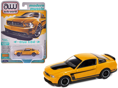 2012 Ford Mustang Boss 302 Yellow Blaze with Black Accents "Modern Muscle" Series 1/64 Diecast Model Car by Auto World-DiecastModeler.com
