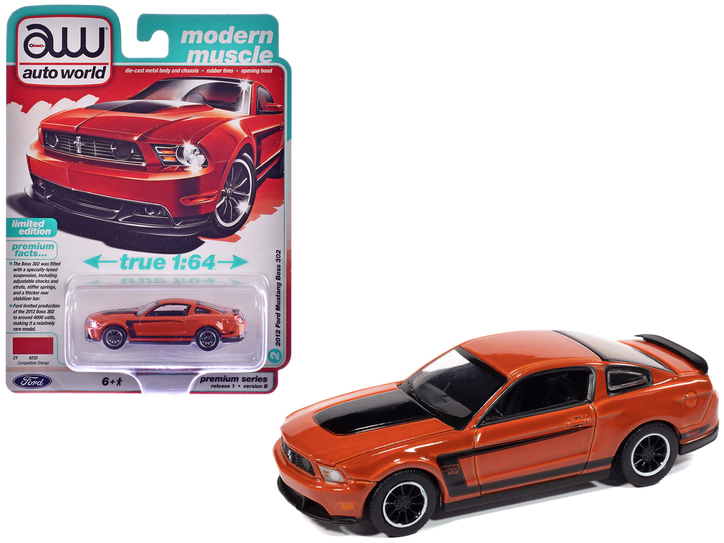 2012 Ford Mustang Boss 302 Competition Orange with Black Accents "Modern Muscle" Series 1/64 Diecast Model Car by Auto World-DiecastModeler.com