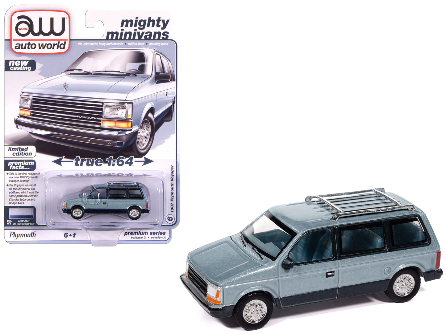 1987 Plymouth Voyager Van Ice Blue Metallic and Twilight Blue Metallic 2-Tone with Blue Interior "Mighty Minivans" Series 1/64 Diecast Model Car by Auto World-DiecastModeler.com