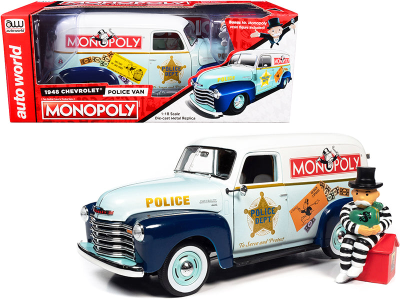 1948 Chevrolet Panel Police Van with Mr. Monopoly Figurine "Monopoly" 1/18 Diecast Model Car by Auto World-DiecastModeler.com