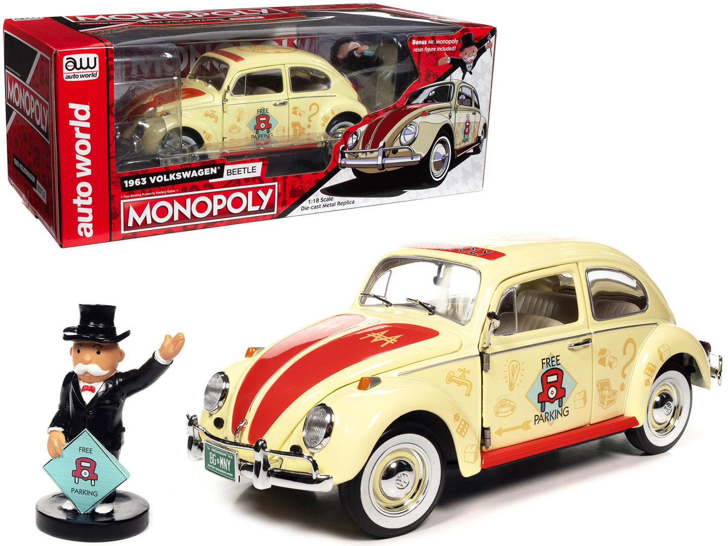 1963 Volkswagen Beetle Yukon Yellow with "Monopoly" Graphics "Free Parking" and Mr. Monopoly Resin Figure 1/18 Diecast Model Car by Auto World-DiecastModeler.com