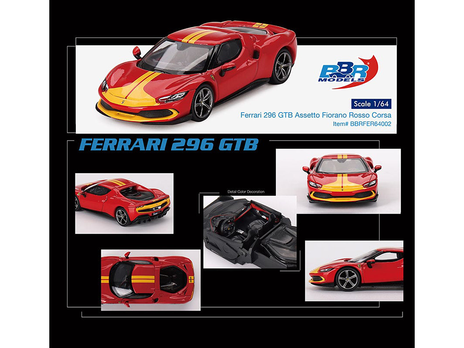 Ferrari 296 GTB Assetto Fiorano Rosso Corsa Red with Yellow Stripes 1/64 Diecast Model Car by BBR-DiecastModeler.com