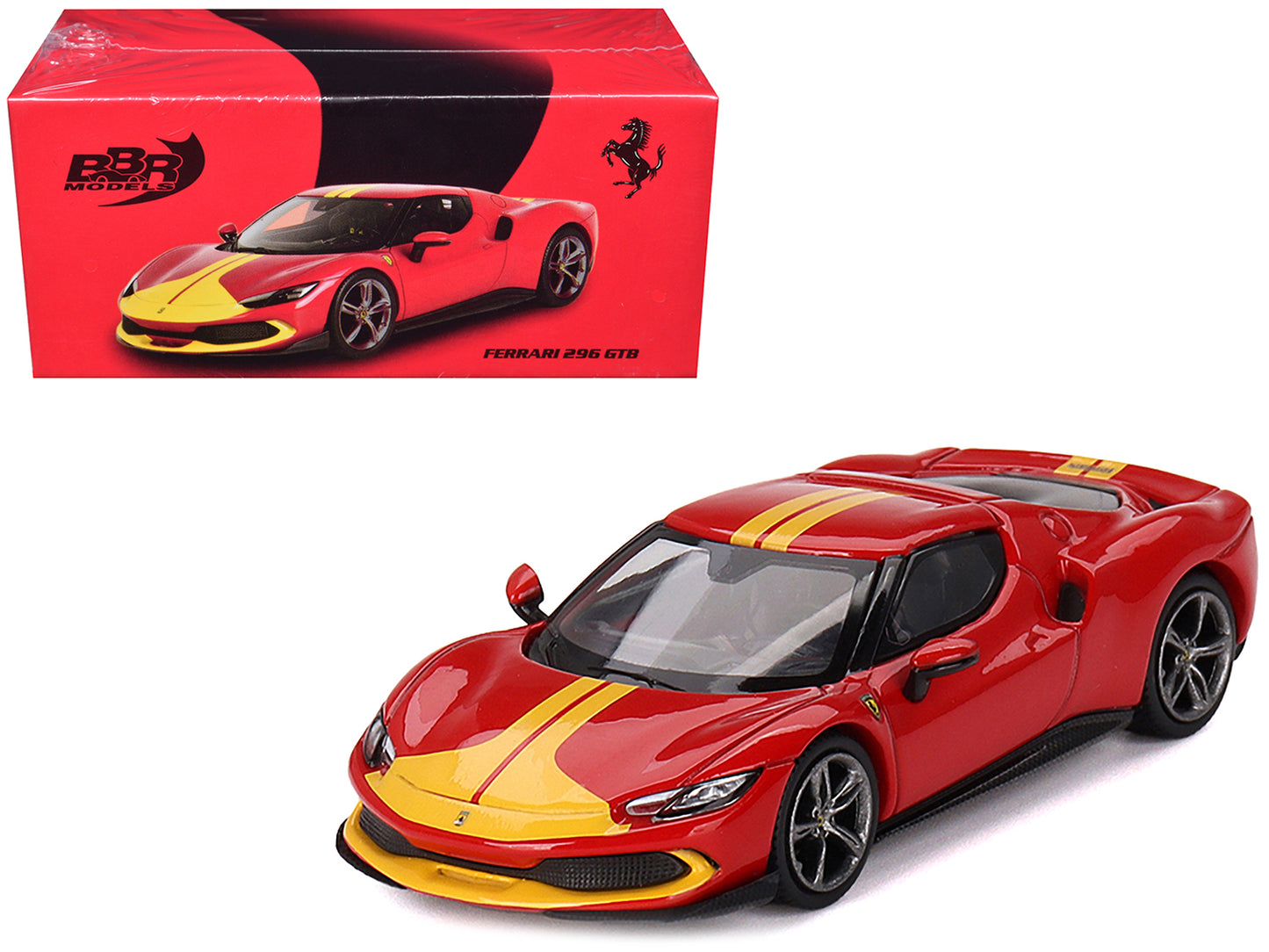 Ferrari 296 GTB Assetto Fiorano Rosso Corsa Red with Yellow Stripes 1/64 Diecast Model Car by BBR-DiecastModeler.com
