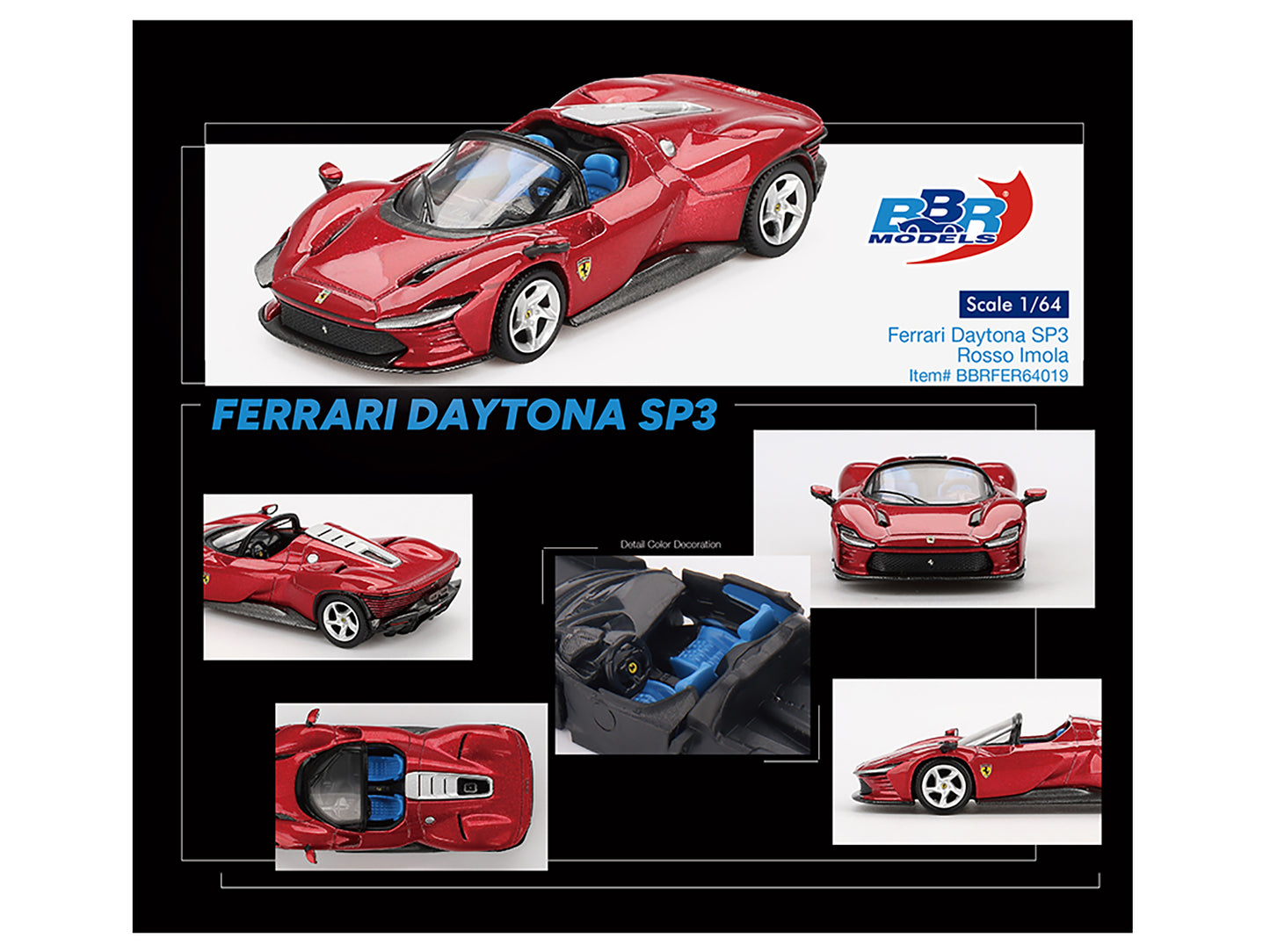 Ferrari Daytona SP3 Rosso Imola Red with Blue Interior 1/64 Diecast Model Car by BBR
