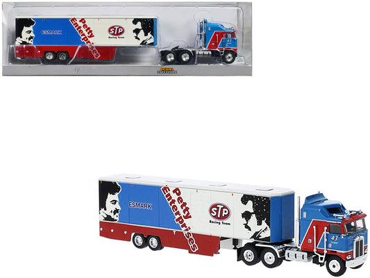 1980 Kenworth K-100 COE Aerodyne Transporter Blue and Red "STP Racing Team - Petty Enterprises" 1/87 (HO) Scale Model Car by Brekina-DiecastModeler.com