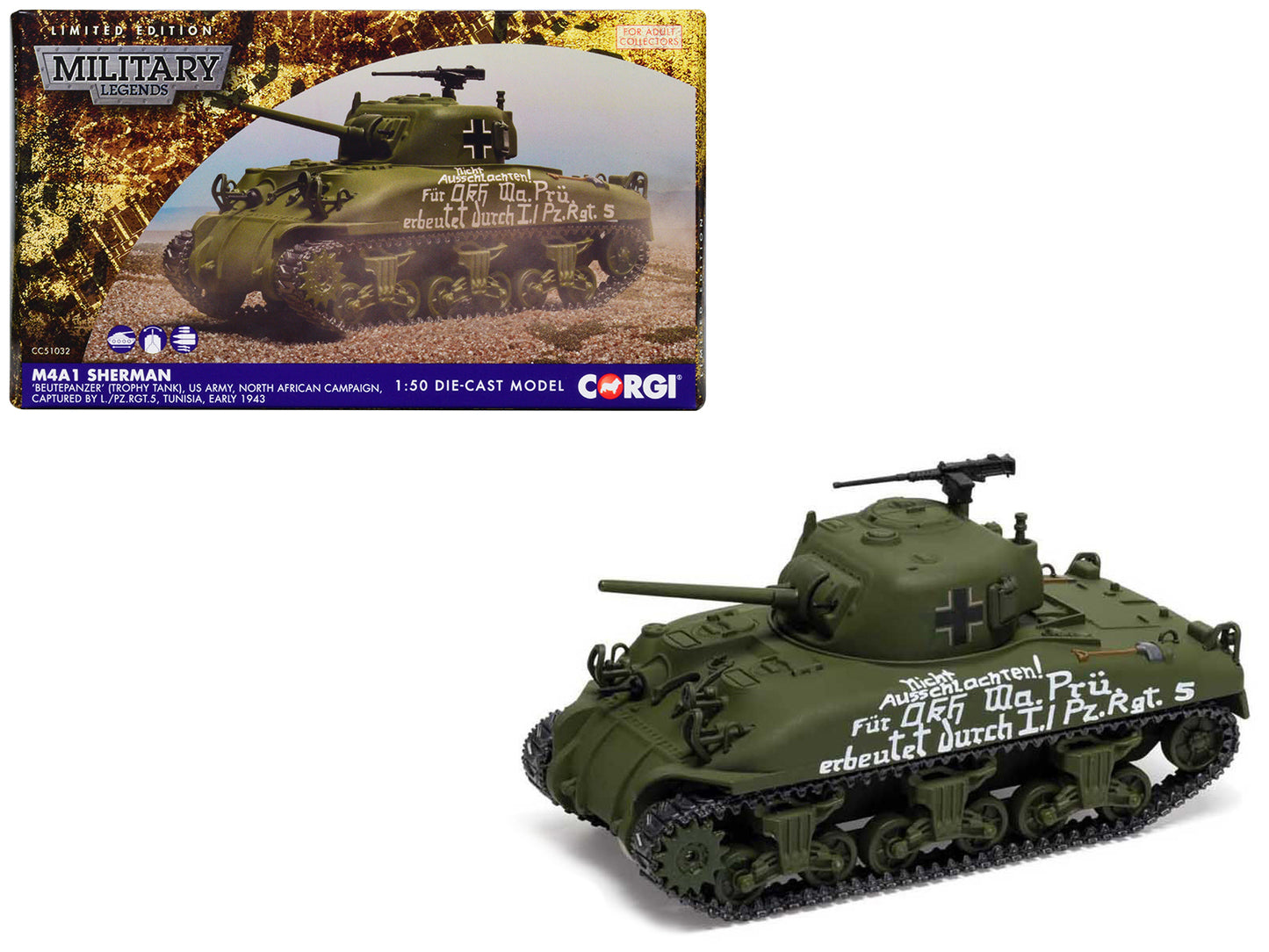 M4A1 Sherman Medium Tank "BeutePanzer (Trophy Tank) US Army North African Campaign Captured by L./PzRgt 5 Tunisia" (1943) German Army "Military Legends" Series 1/50 Diecast Model by Corgi-DiecastModeler.com