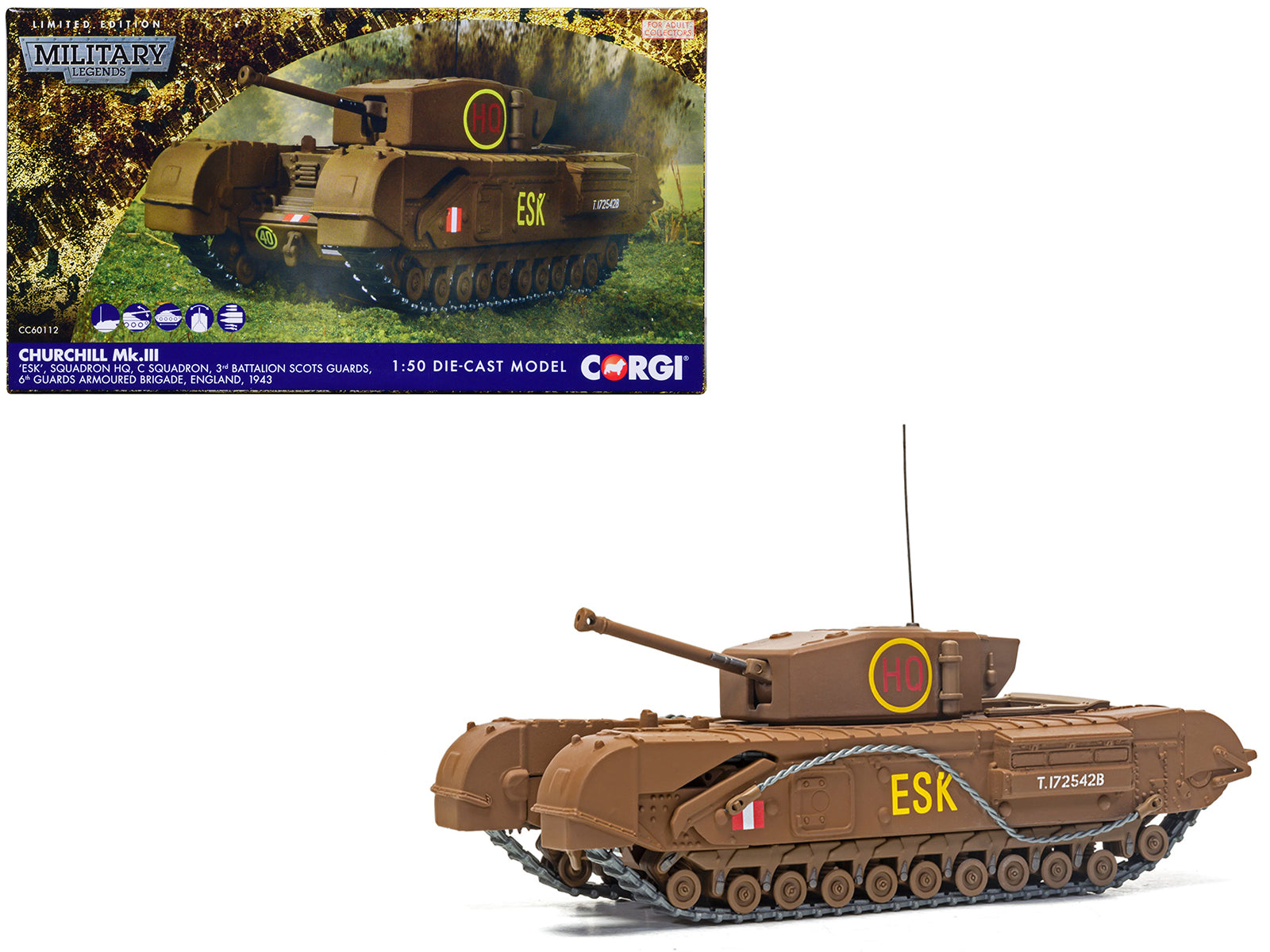 Churchill Mk.III Tank "ESK Squadron HQ C Squadron 3rd Battalion Scots Guards 6th Guards Armoured Brigade" (1943) British Royal Army "Military Legends" Series 1/50 Diecast Model by Corgi-DiecastModeler.com