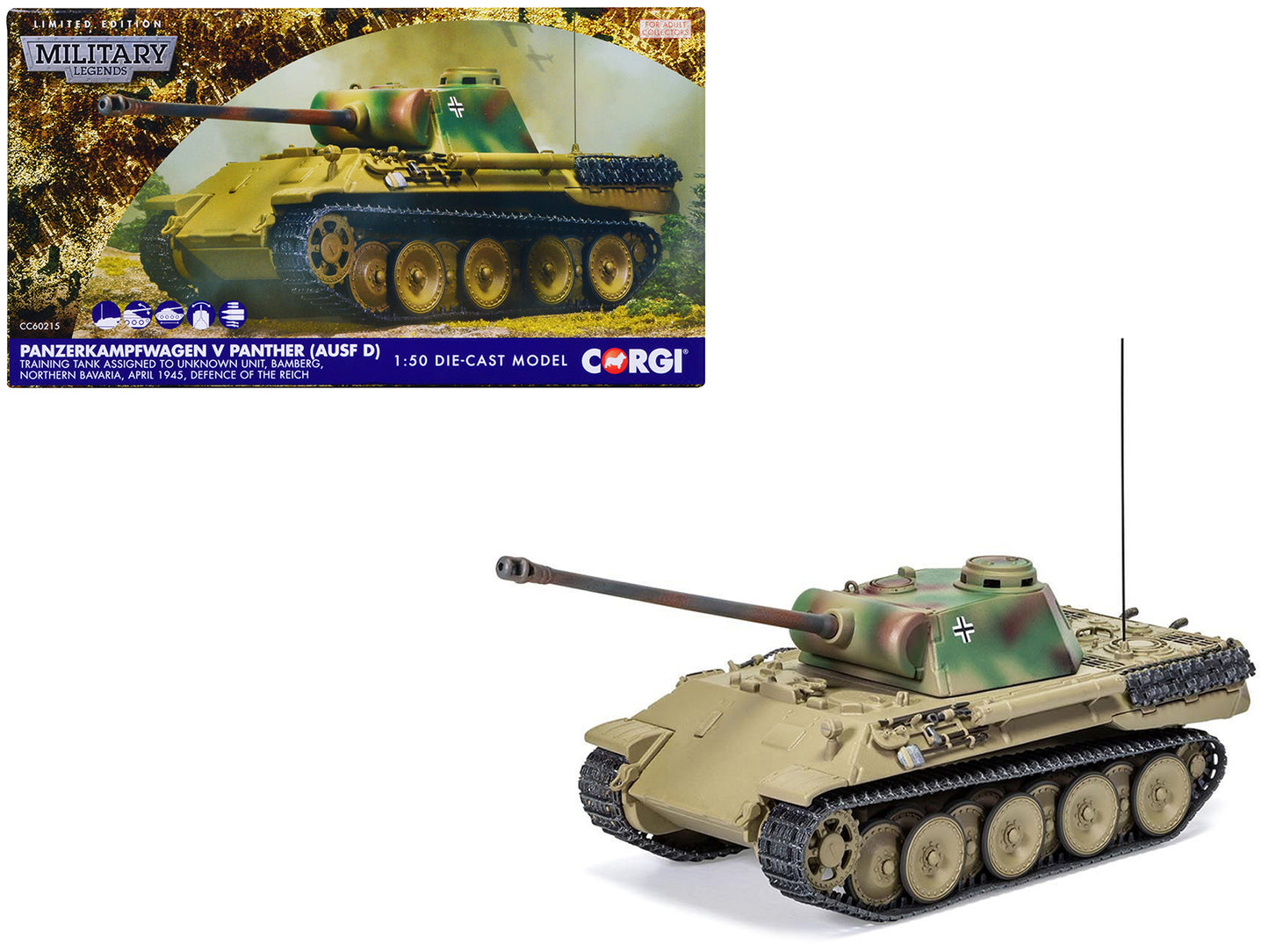 Panzerkampfwagen V Panther (Ausf D) Tank "Training Unit Bamberg North Bavaria Defence of the Reich" (1945) German Army "Military Legends" Series 1/50 Diecast Model by Corgi-DiecastModeler.com