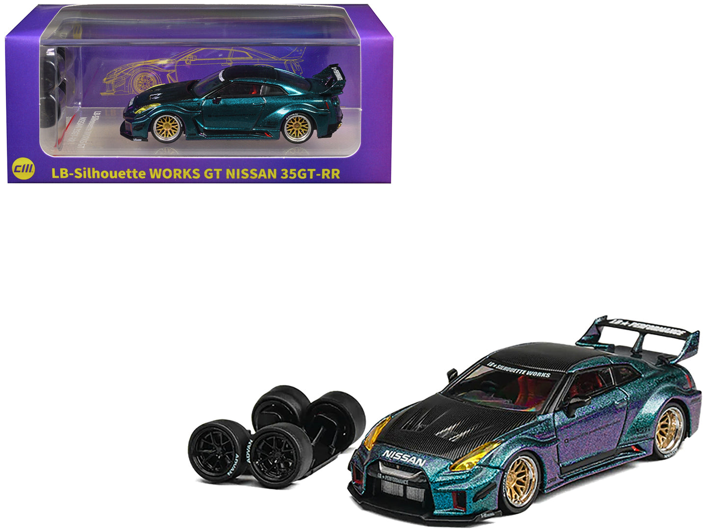 Nissan 35GT-RR "LB-Silhouette Works GT" RHD (Right Hand Drive) Magic Purple Metallic with Extra Wheels 1/64 Diecast Model Car by CM Model