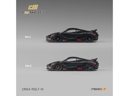 McLaren 765LT Matt Black with Red Accents and Extra Wheels 1/64 Diecast Model Car by CM Model