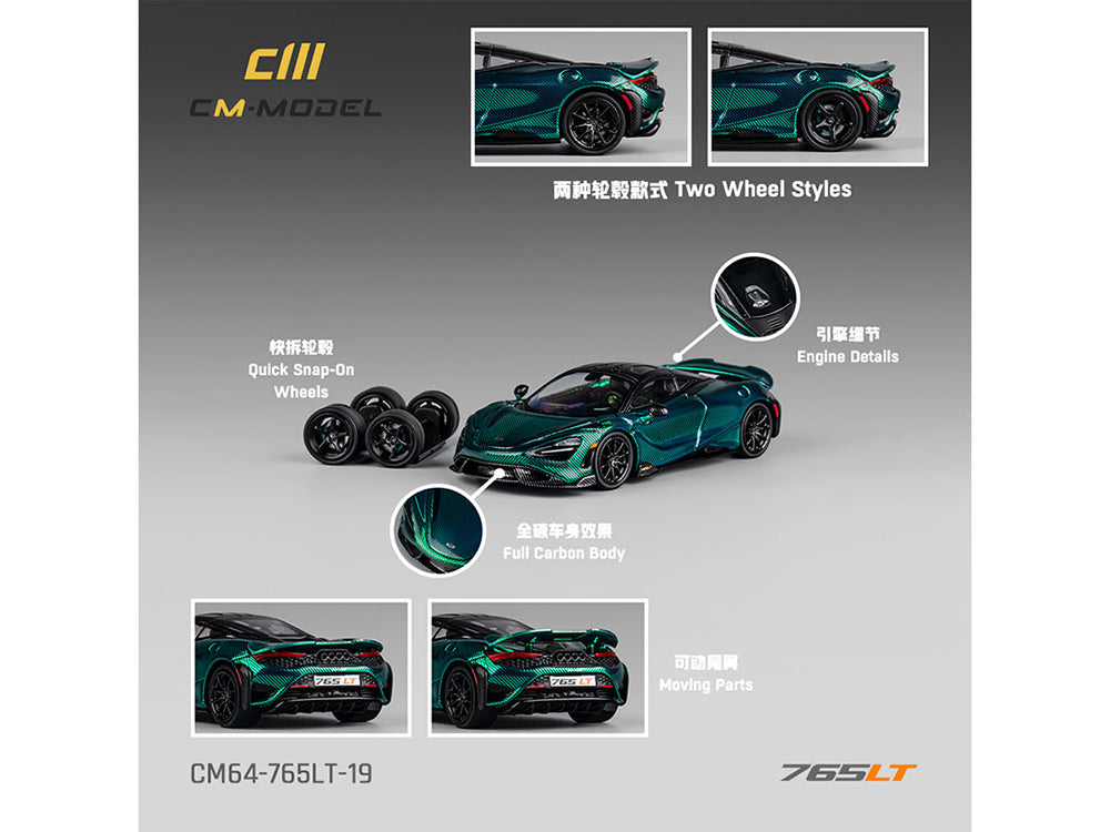 McLaren 765LT Green Carbon Metallic with Black Top and Extra Wheels 1/64 Diecast Model Car by CM Model