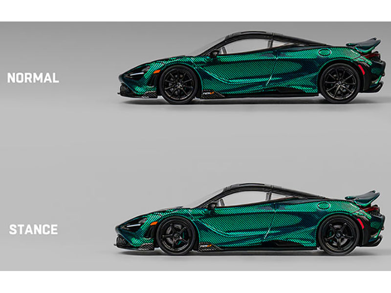 McLaren 765LT Green Carbon Metallic with Black Top and Extra Wheels 1/64 Diecast Model Car by CM Model-DiecastModeler.com