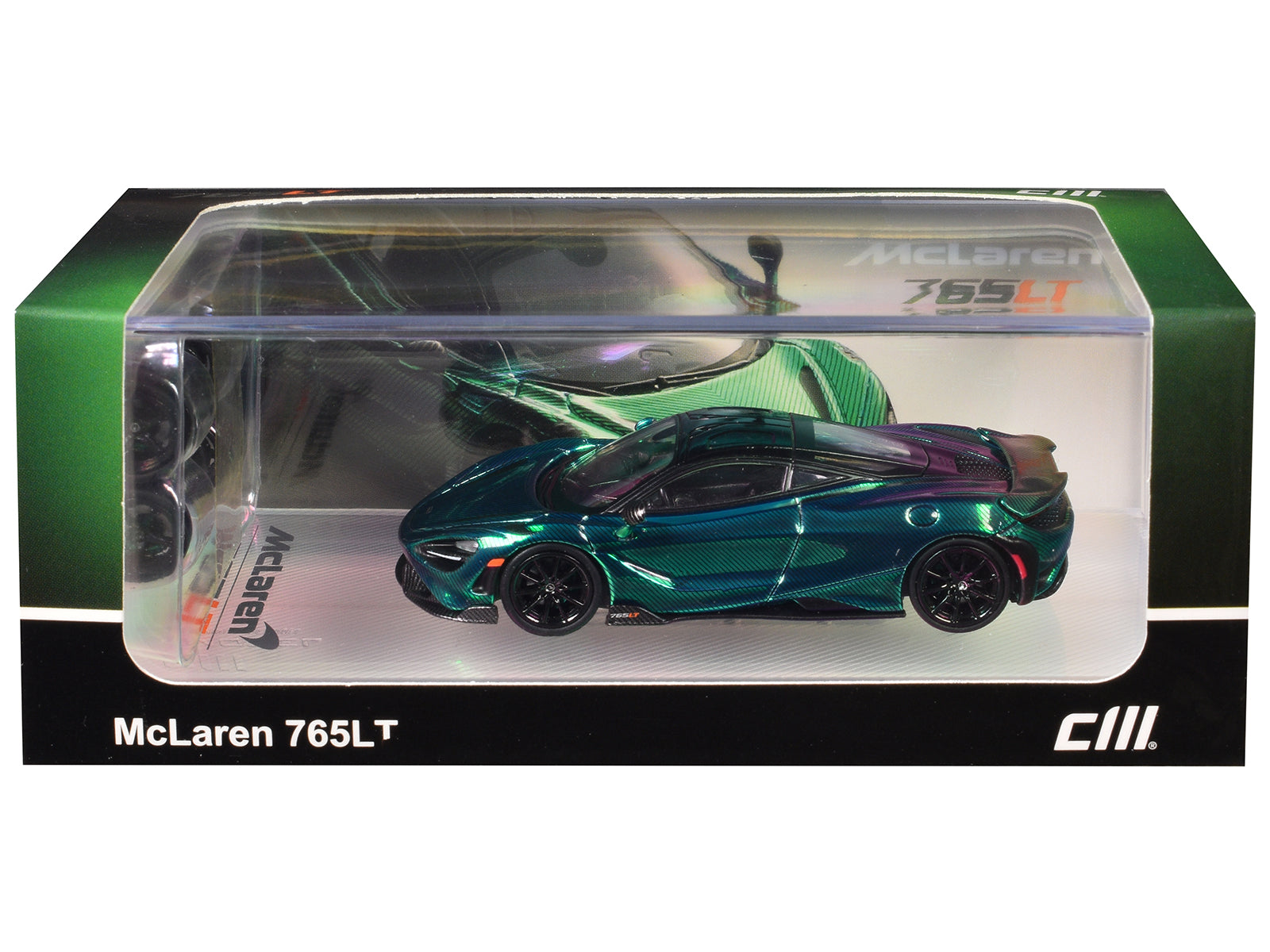 McLaren 765LT Green Carbon Metallic with Black Top and Extra Wheels 1/64 Diecast Model Car by CM Model-DiecastModeler.com