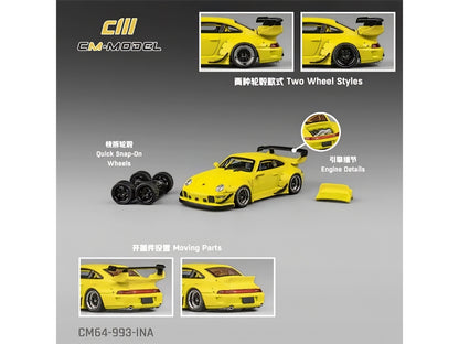 993 Widebody Yellow with Extra Wheels and Spoiler 1/64 Diecast Model Car by CM Model
