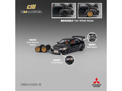 Mitsubishi Lancer Evolution IX RHD (Right Hand Drive) Black and Carbon with Extra Wheels 1/64 Diecast Model Car by CM Model
