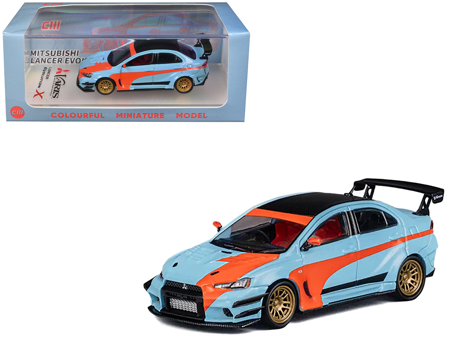 Mitsubishi Lancer Evolution X Varis RHD (Right Hand Drive) Light Blue with Black Top and Orange Stripes 1/64 Diecast Model Car by CM Model