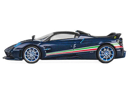 Pagani Huayra Tricolore Blue Carbon Metallic with Black Carbon Top and Italian Flag Stripes 1/64 Diecast Model Car by CM Model