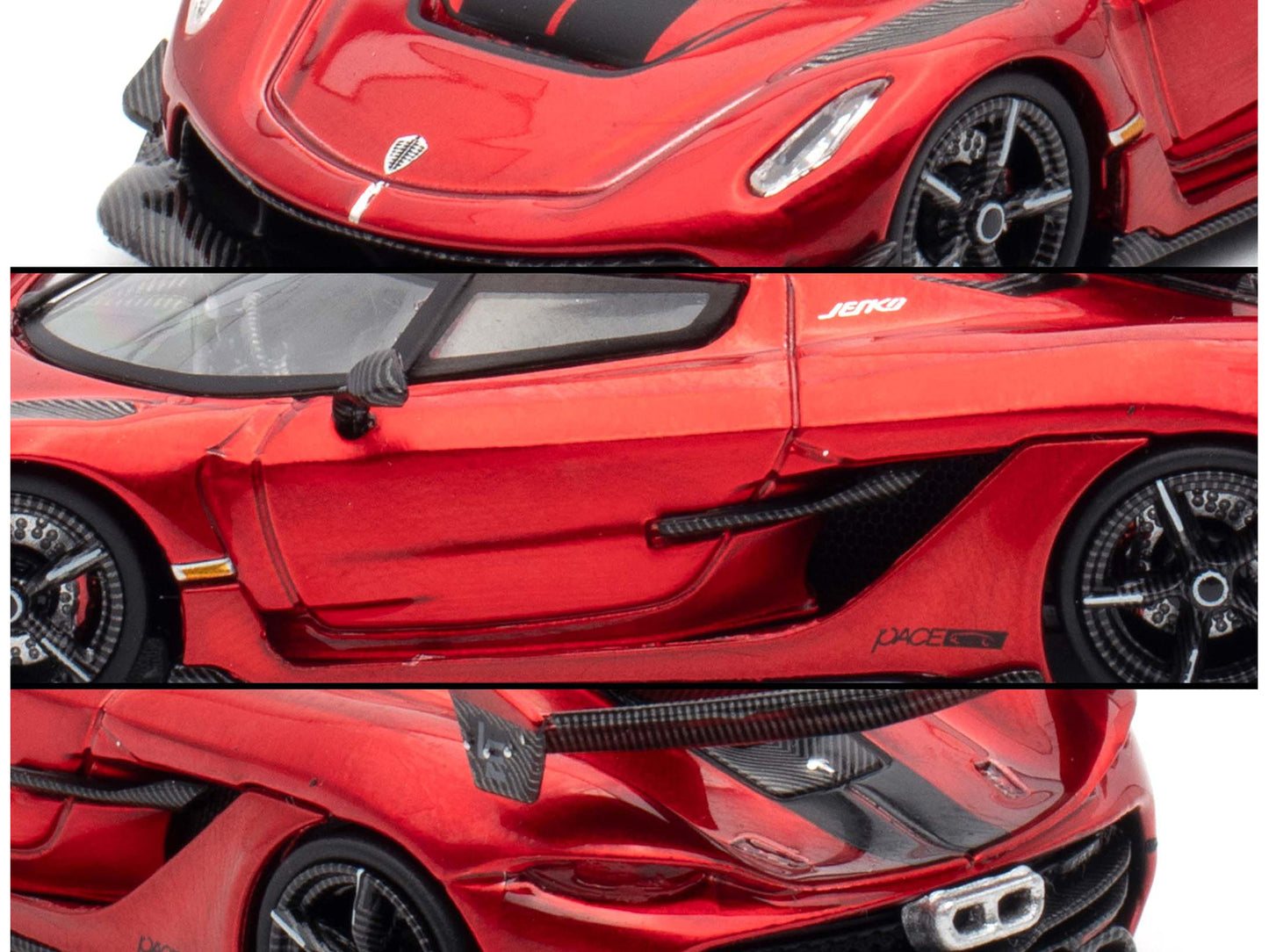 Koenigsegg Jesko Red Metallic with Black Stripes with Extra Wheels 1/64 Diecast Model Car by CM Model
