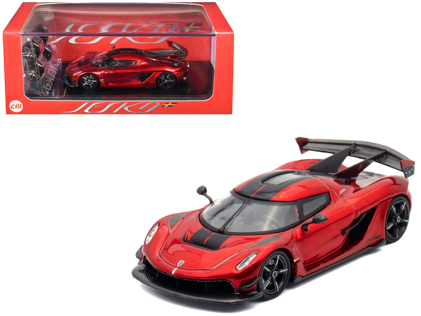 Koenigsegg Jesko Red Metallic with Black Stripes with Extra Wheels 1/64 Diecast Model Car by CM Model